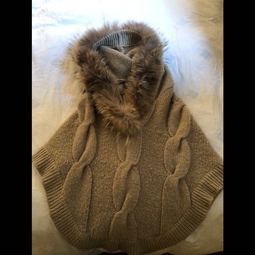 Sherri Bodell Tan Sweater Shawl with Fur Hood